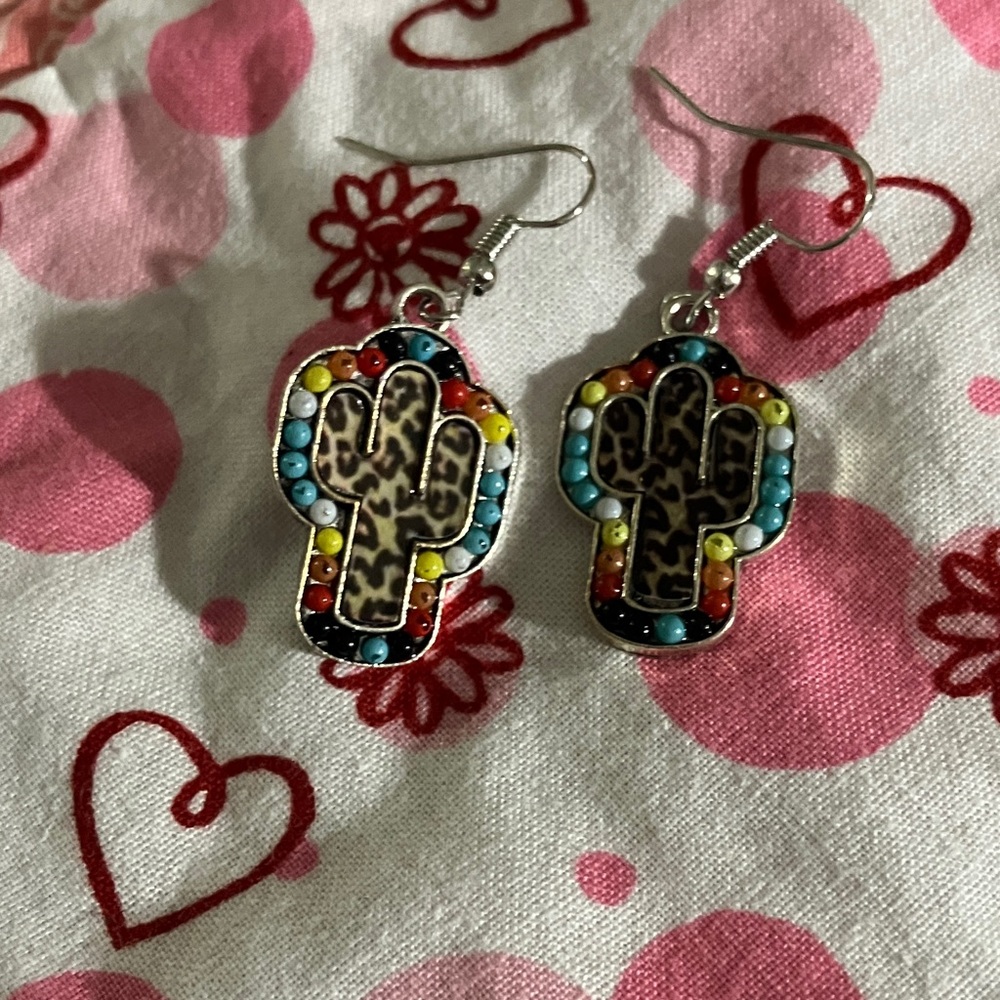 Leopard Print Cactus Earrings with Beads